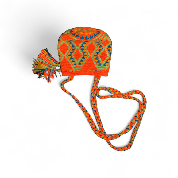 Mini Wayuu Mochila Crossbody Bag | Orange & Green Pattern | Handmade - Picture 3 of 3